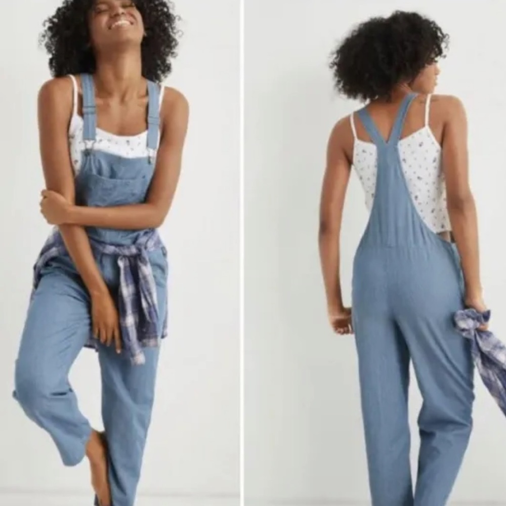 AERIE Overalls Pinstripe Lightweight Railroad Blue XS